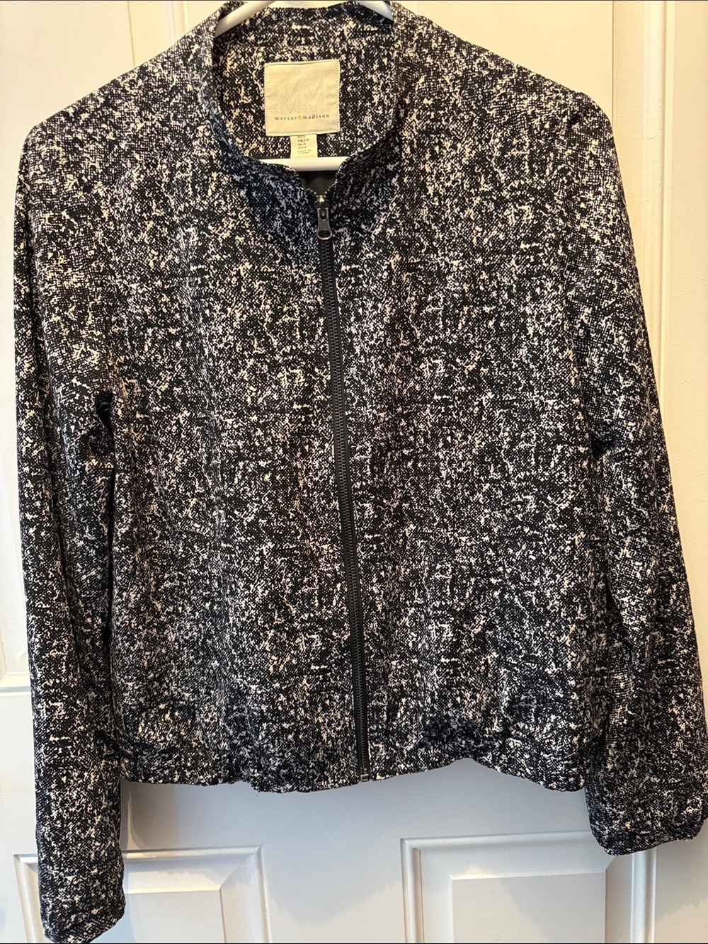 Black & White Textured Zip-Front Bomber Jacket